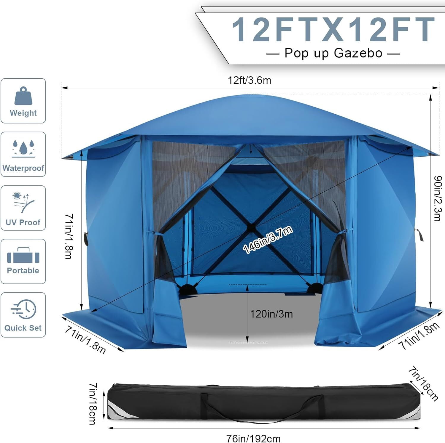 COBIZI 12x12 Pop-up Gazebo Screen Canopy with 5 Sidewalls and Mosquito Nettings for Camping, Tent Instant Screened House with Carrying Bag and Ground Stakes, Blue(Upgraded)