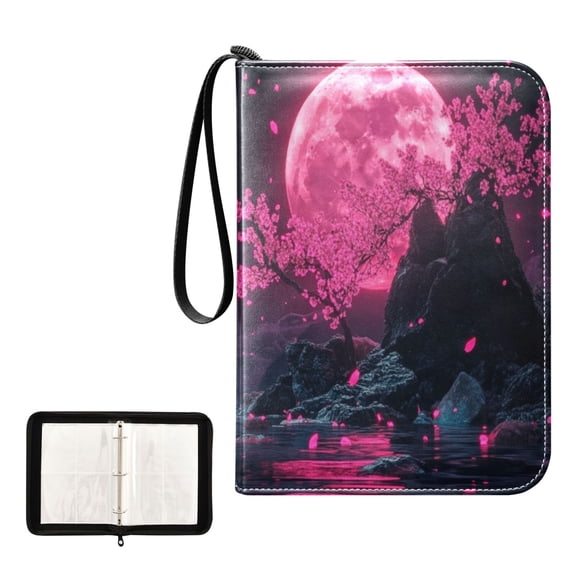 400 Pockets Trading Cards Album,Card Binder 4-Pocket, Cards Collector Album Holder Fits 400 Cards with 50 Removable Sheets Pink Moon and Cherry Blossoms