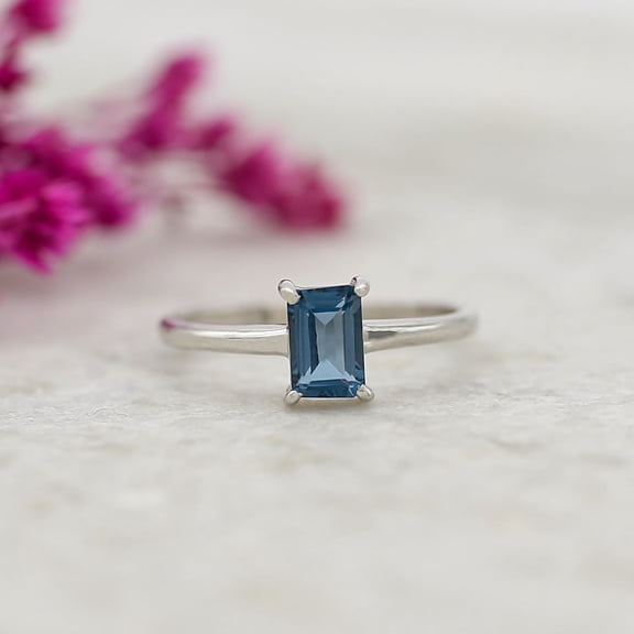 Emerald Cut Natural London Blue Topaz Engagement Ring Solid White Gold Ring Solitaire Gemstone Ring Promise Ring Anniversary Gifts For Her