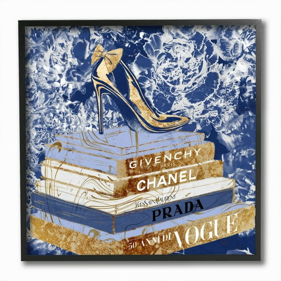 Stupell Industries Designer Glitz Heel on Books Fashion Glam Blue Framed Wall Art Design by Ziwei Li, 12" x 12", Black Framed