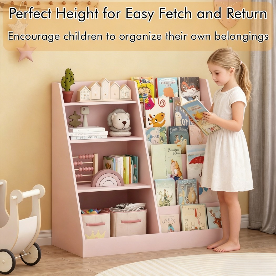 4-Tier Kids Bookshelf and Toy Storage Organizer, Wooden Children's Bookcase with Multi-Level Shelves & Toy Bin, Book Display Stand for Kids Room, Playroom & Nursery, Pink