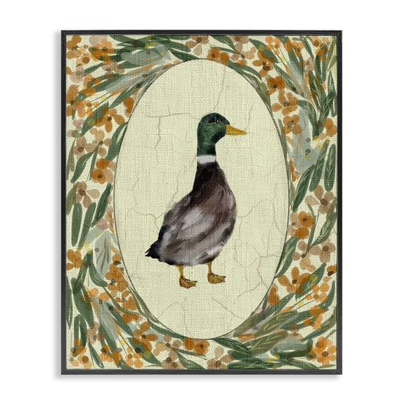 Stupell Industries Duck Portrait with Florals Black Framed Giclee Art design by Yen, 14 x 11