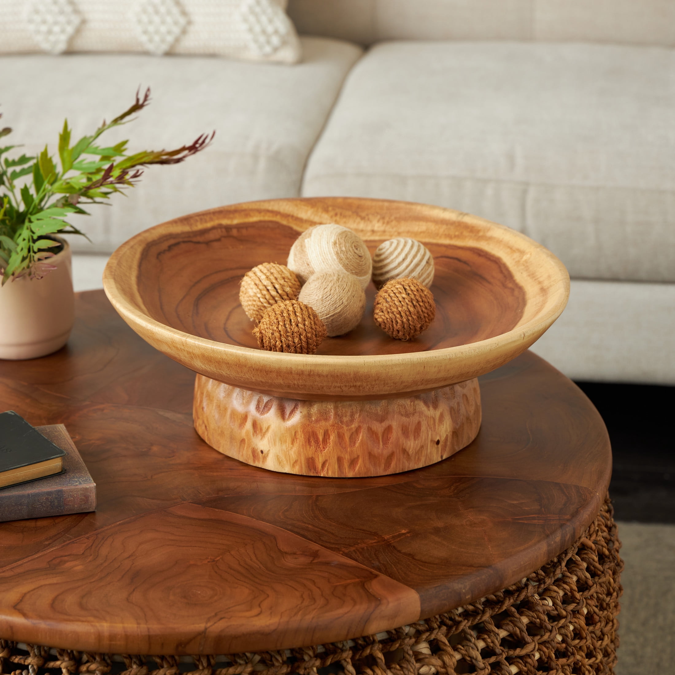 DecMode 17" Handmade Round Brown Teak Wood Decorative Bowl with Elevated Base