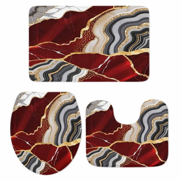 Red Marble Bath Mat 3 Piece Bathroom Rug Set, Grey Gold Texture Vintage Farmhouse Art Non Slip Bath Rug Contour Mat and Toilet Lid Cover, Absorbent Shower Mats Soft Bath Rugs and Mats Sets