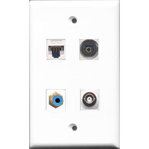 RiteAV 1 Port RCA Blue and 1 Port Toslink and 1 Port BNC and 1 Port Cat5e Ethernet White Wall Plate