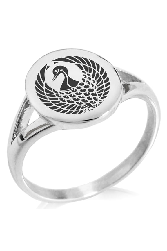 Stainless Steel Rokkaku Samurai Crest Minimalist Oval Top Polished Statement Signet Ring