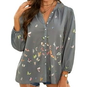 TWY Women Butterfly Printed Buttons Pleated V-Neckline Shirt Tops