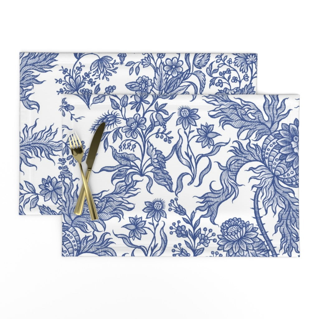 Linen Cotton Canvas Placemats (Set of 2) Blue White Chintz Floral Antique Cobalt Traditional