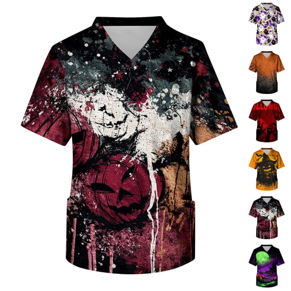 Men V Neck Short Sleeve Halloween Print Chest Pocket Scrub Top Classic Fit Comfortable Breathable Fabric Workwear Shirt