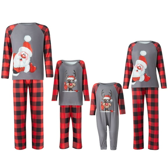 Christmas Family Matching Pajamas Set, Long Sleeve Santa Claus/Elk Print Tops with Plaid Pants