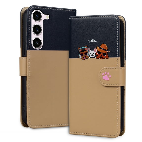 Allytech Wallet Case for Samsung Galaxy S23 with Cute Cartoon Pattern, 3 Card Slots 1 Cash Slot Wrist Strap, Premium PU Leather Stand Magnetic Clasp Shockproof Protective Case, Khaki