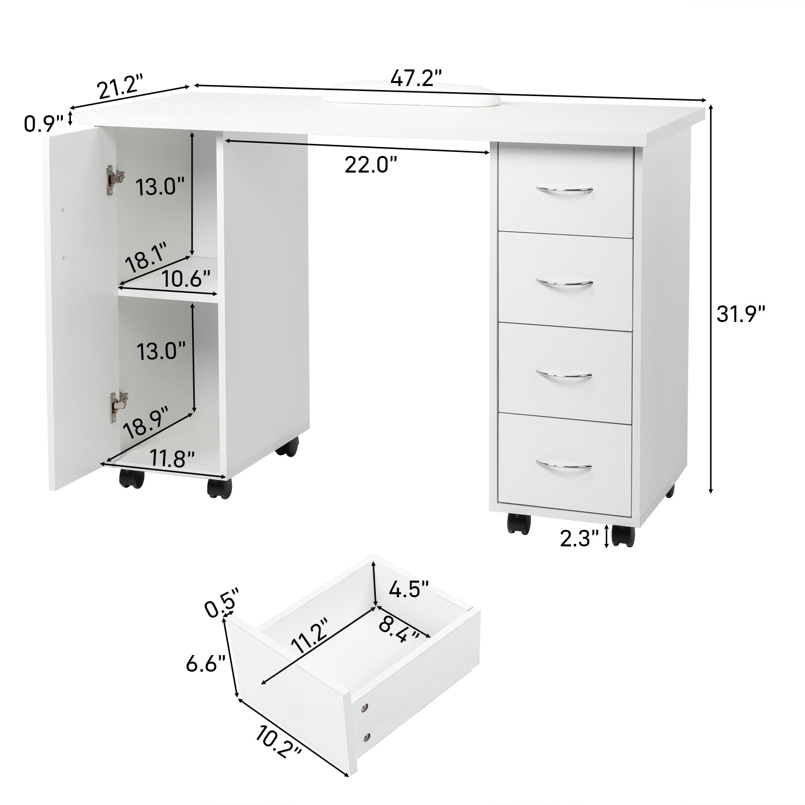 Double Edged Manicure Nail Table with Drawer White