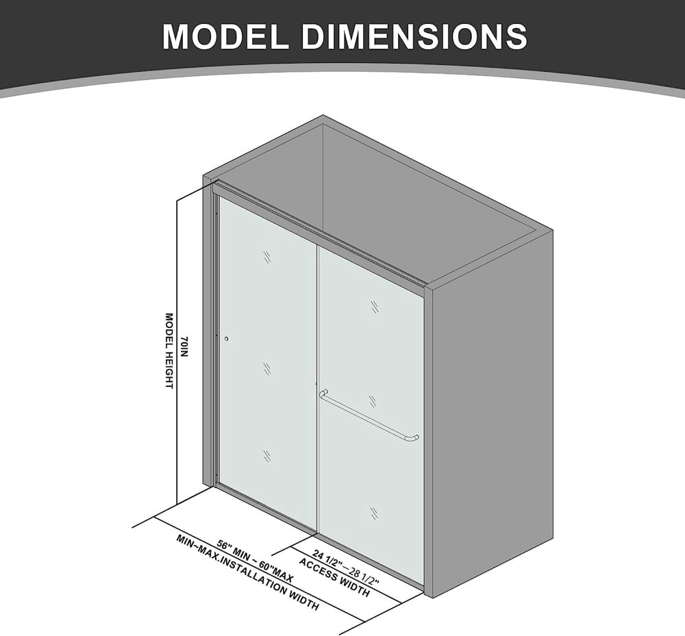 56-60" W x 70" H Semi-Frameless Sliding Shower Door, Glass Shower Door with 1/4'' (6mm) Clear Tempered Glass, Shower Doors can be Installed Left and Right