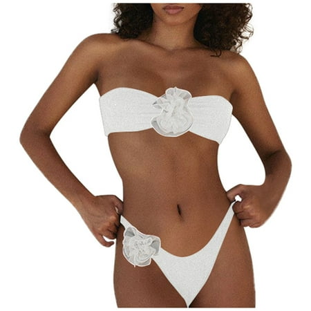 Celivon Womens Summer Sexy Solid Crop Top Tube Bra & Floral High Waist Thong Set For Trendy Pool Party Wear