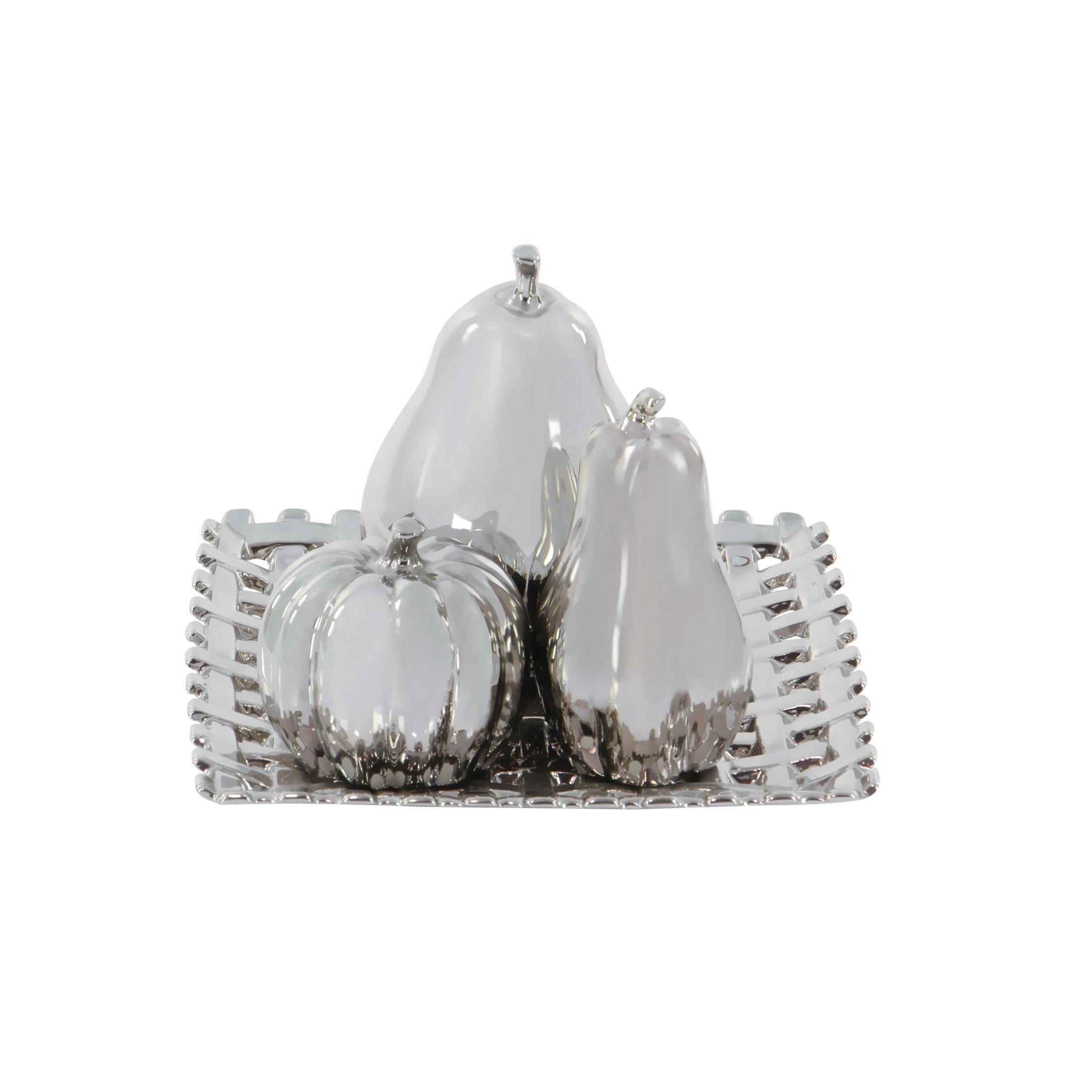 12"W, 9"H Silver Ceramic Pear, Pumpkin, and Squash Fruit Sculpture with Decorative Grid Plate, by DecMode (4 Count)