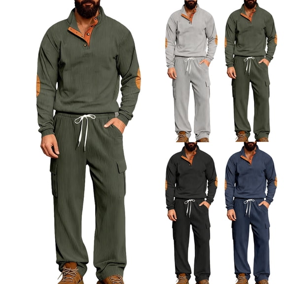 mihongmao Cruise Outfits for Men 2026 Men's Solid Color Long Sleeved Half Button Outdoor Elastic Waist Drawstring Pants Corduroy Pocket Sports Suit Gray 3X