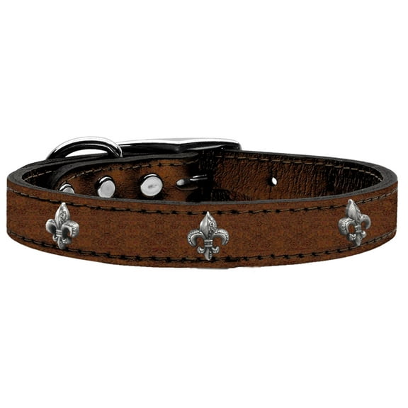 Silver Fleur De Lis Widget Genuine Metallic Leather Dog Collar Bronze 26