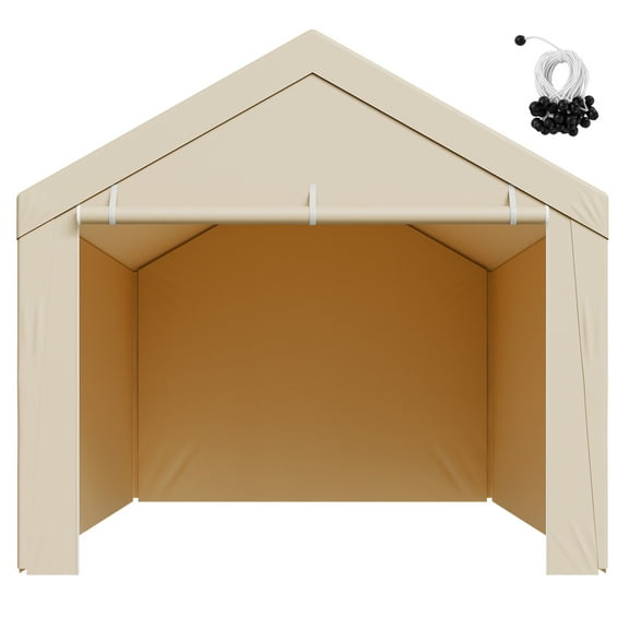 KFFKFF 10 x 20 ft Carport Replacement Canopy with Sidewalls, Durable UV-Resistant and Waterproof Garage Tent Cover, Heavy-Duty Shelter Tarp with Ball Bungees, Beige, Frame Not Included