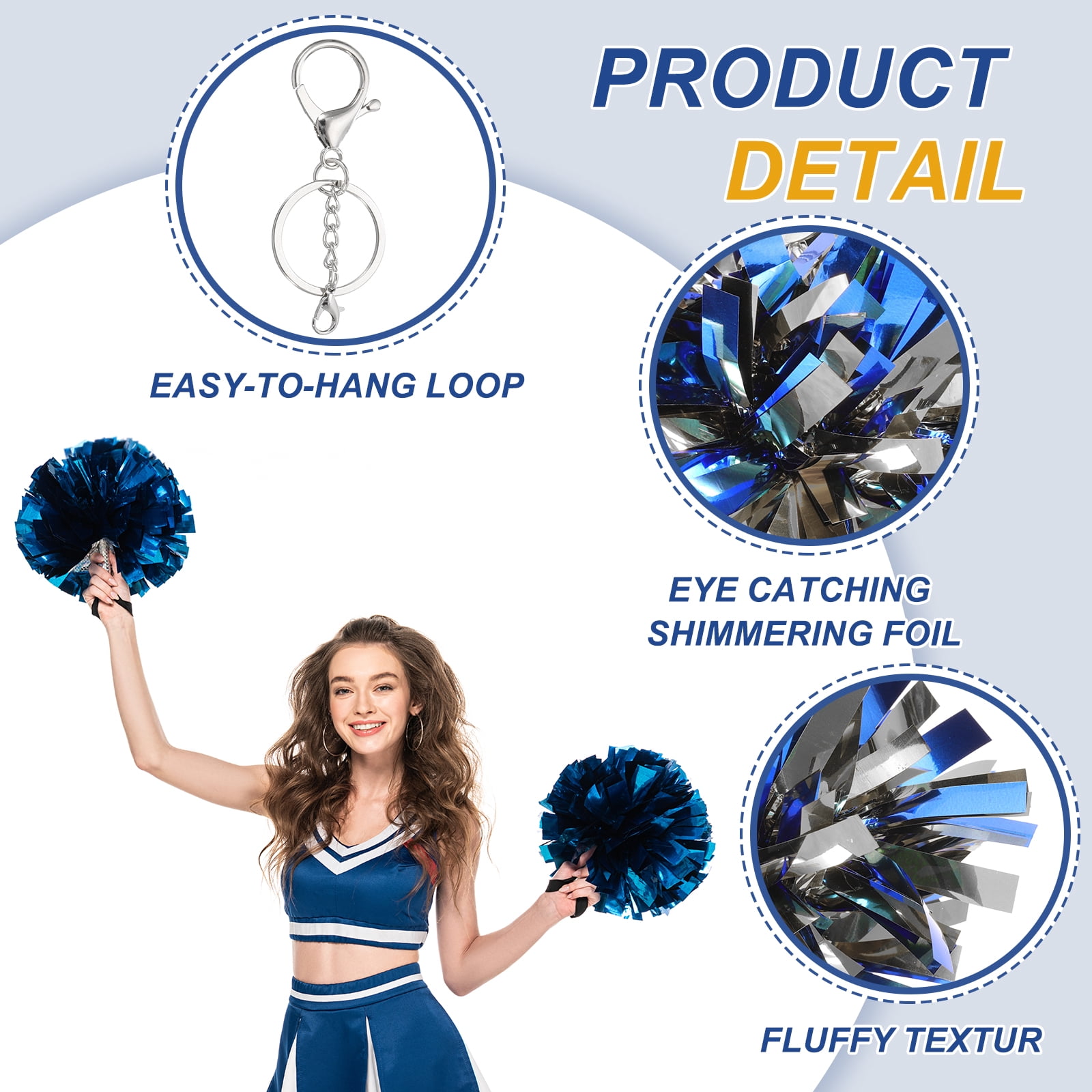 Uxcell 20 Pcs Cheer Pom Pom Keychain Cheerleading Gift Charm Plastic Keyring Bulk for Christmas Blue Silver Tone
