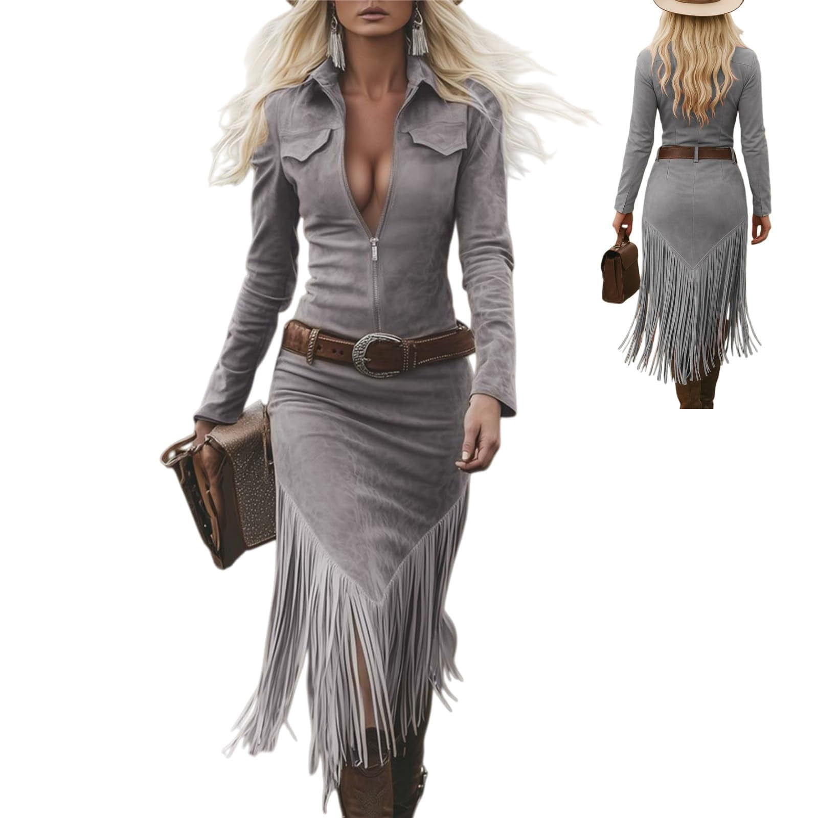 Women's Western Cowgirl Suede Dress Vintage Long Sleeve Slim Fit Fringe Dress Zip Collared Vacation Outfits without Belt