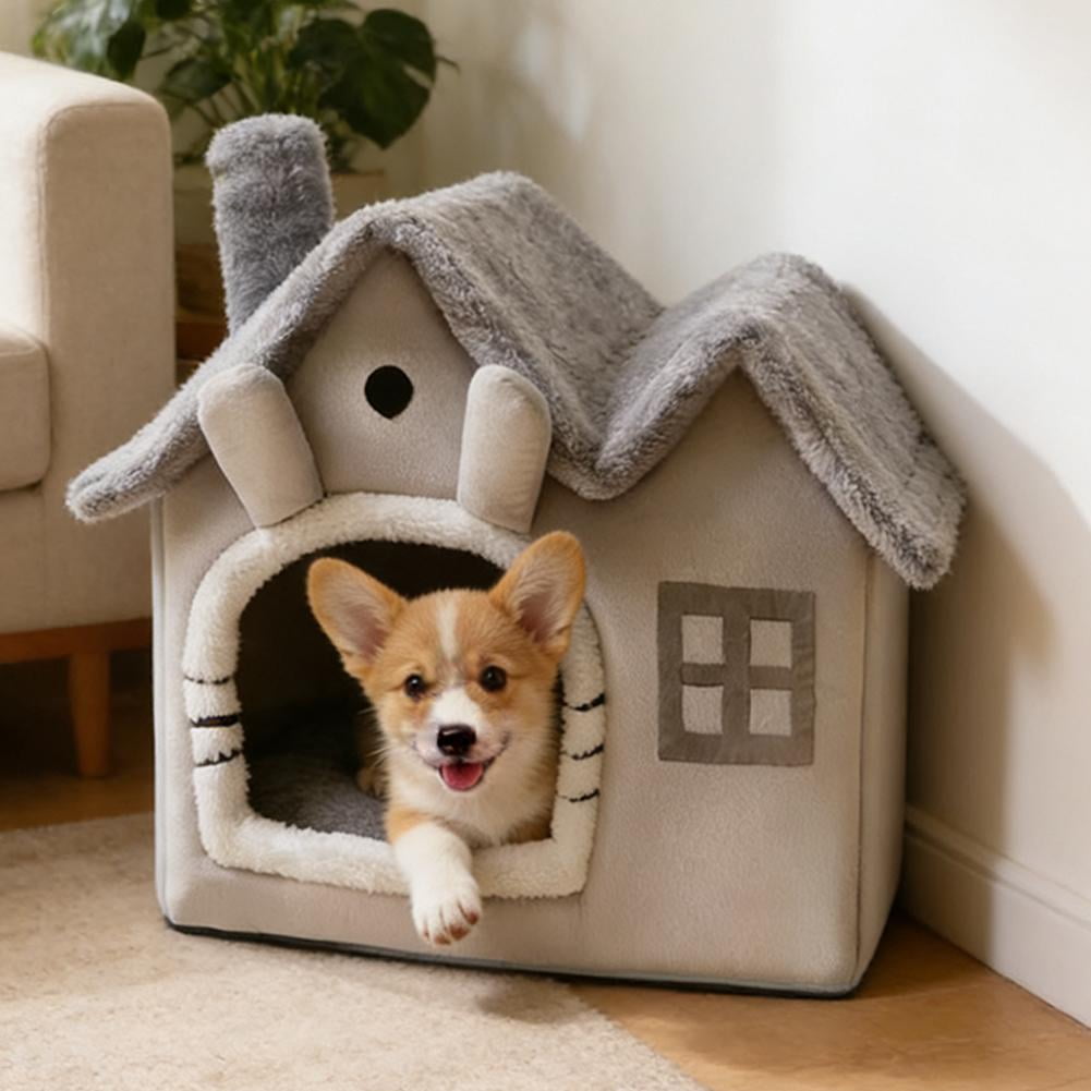 Pekkaxy Foldable Cat Bed, 13 x 12 x 11.8 Inch Gray Cave, Thick Coral Fleece for Indoor Winter Warmth and Security