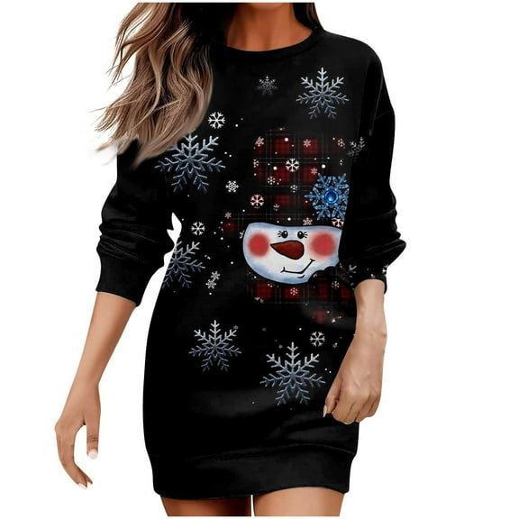 IROINNID Reduced Christmas Dress for Women Long Sleeve Dress Thigh-Length Sheath Dress Christmas Printed Long Sleeve Round Neck Sweatshirt Dresses,Black