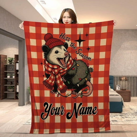 Personalized Funny Possum Christmas Blanket – Hiss the Season Custom Name Holiday Plaid Fleece Throw, Custom Animal Lover Gift Blanket
