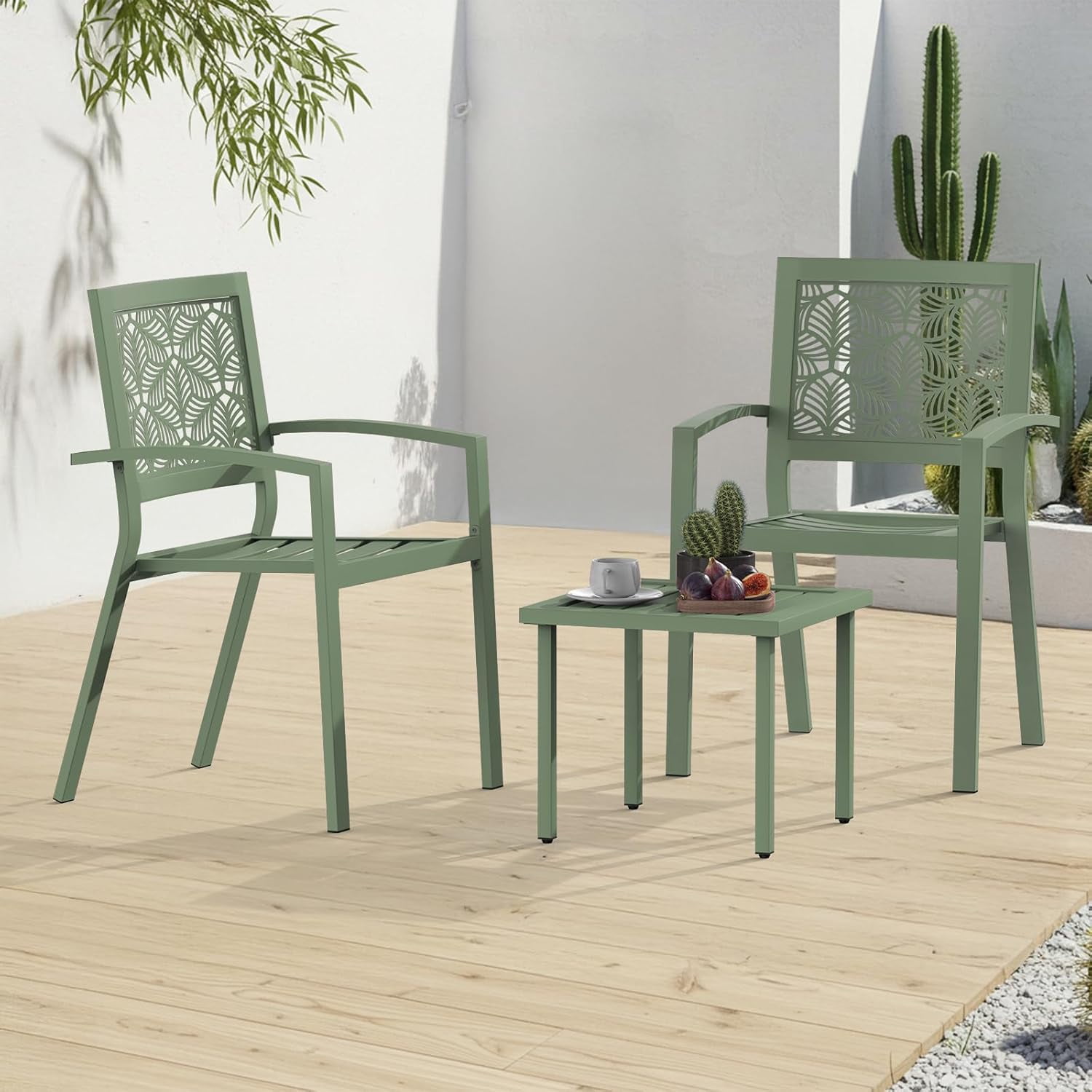 3 Piece Patio Bistro Set, Outdoor Steel Furniture Set, Stackable Modern Conversation Sets for Balcony Garden Deck Patio w/2 Chairs 1 Table, Sauge Green