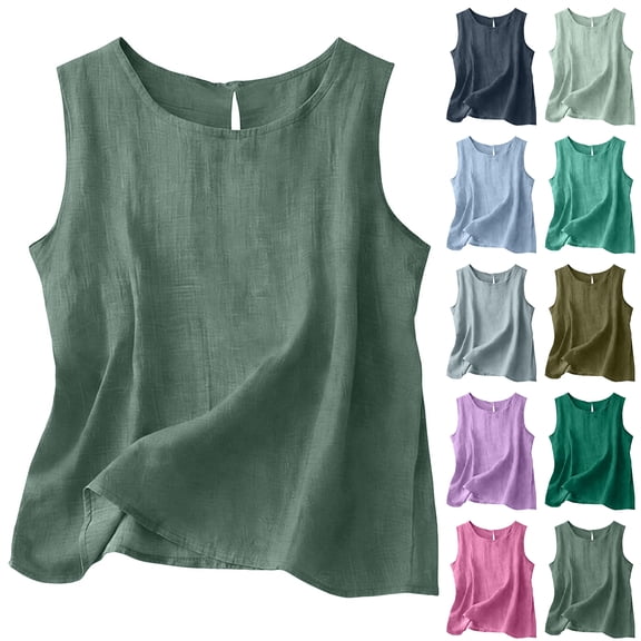 Cotton Linen Tank Tops for Womens Comfy Lounge Wear Summer Sleeveless Crewneck Shirt Casual Blouse Loose Fit Cami Dark Green M