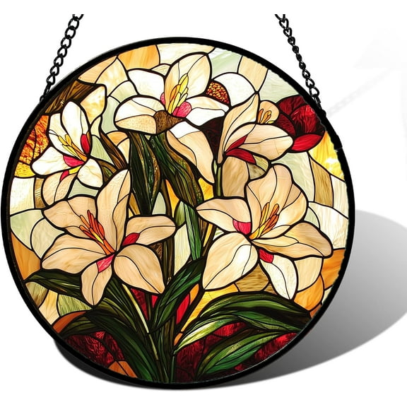 Stained Glass Window Hanging, Lily Flowers Sun Catchers Diamond Glass Panel Hangings Plant Suncatcher Decor for Birthday for Women, Men, Wife, Aunt, and Mom