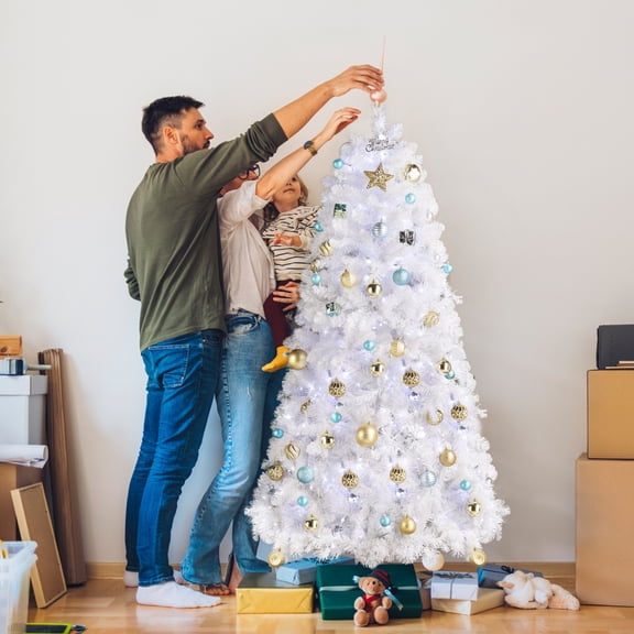 White Artificial Christmas Tree, 6ft Premium 300 Lights Cool Color 8 Modes Hinged Spruce Full Tree, with 845 Branches and Metal Stand, Easy Assembly, for Indoor and Outdoor Use