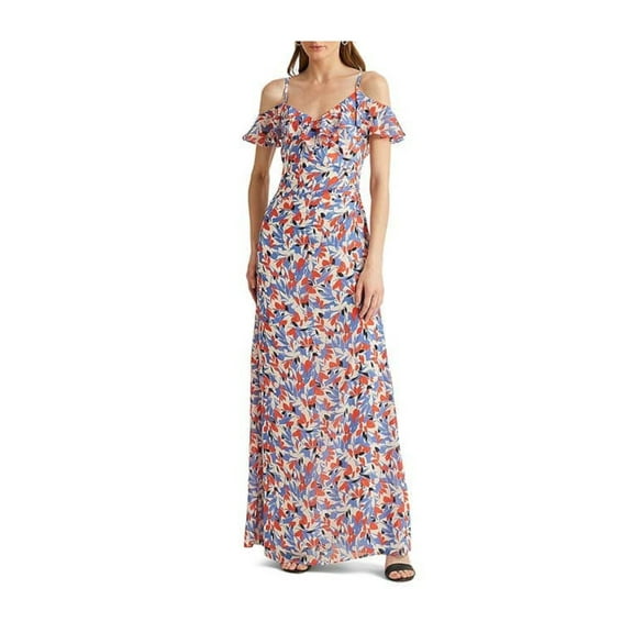 RALPH LAUREN Womens White Cold Shoulder Zippered Sheer Lined Pleated Ruffled Printed Short Sleeve V Neck Full-Length Gown Dress 4