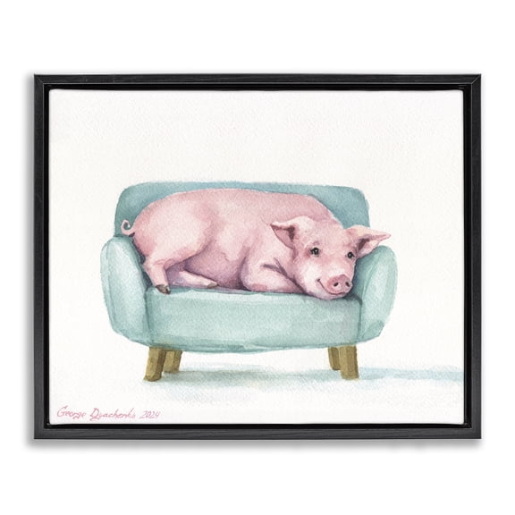 Stupell Industries Eclectic Cute Piglet on Armchair Black Floating Frame Canvas Art, 21 x 17, by George Dyachenko