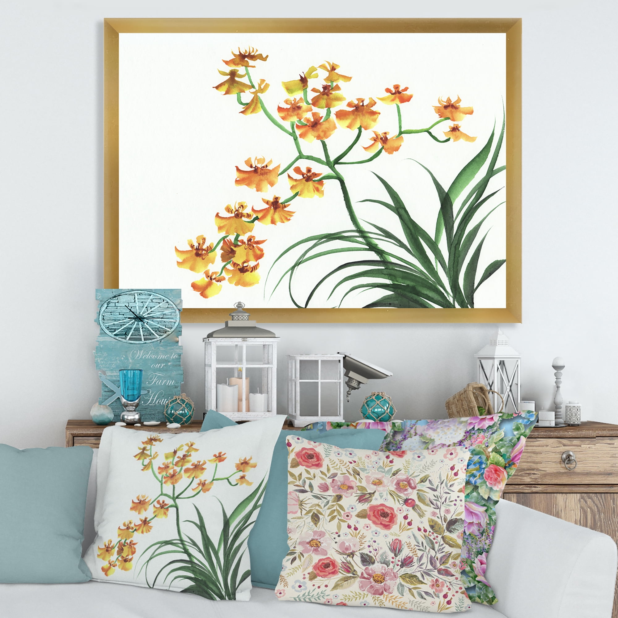Designart 'Yellow Vintage Orchids On White' Traditional Framed Art Print