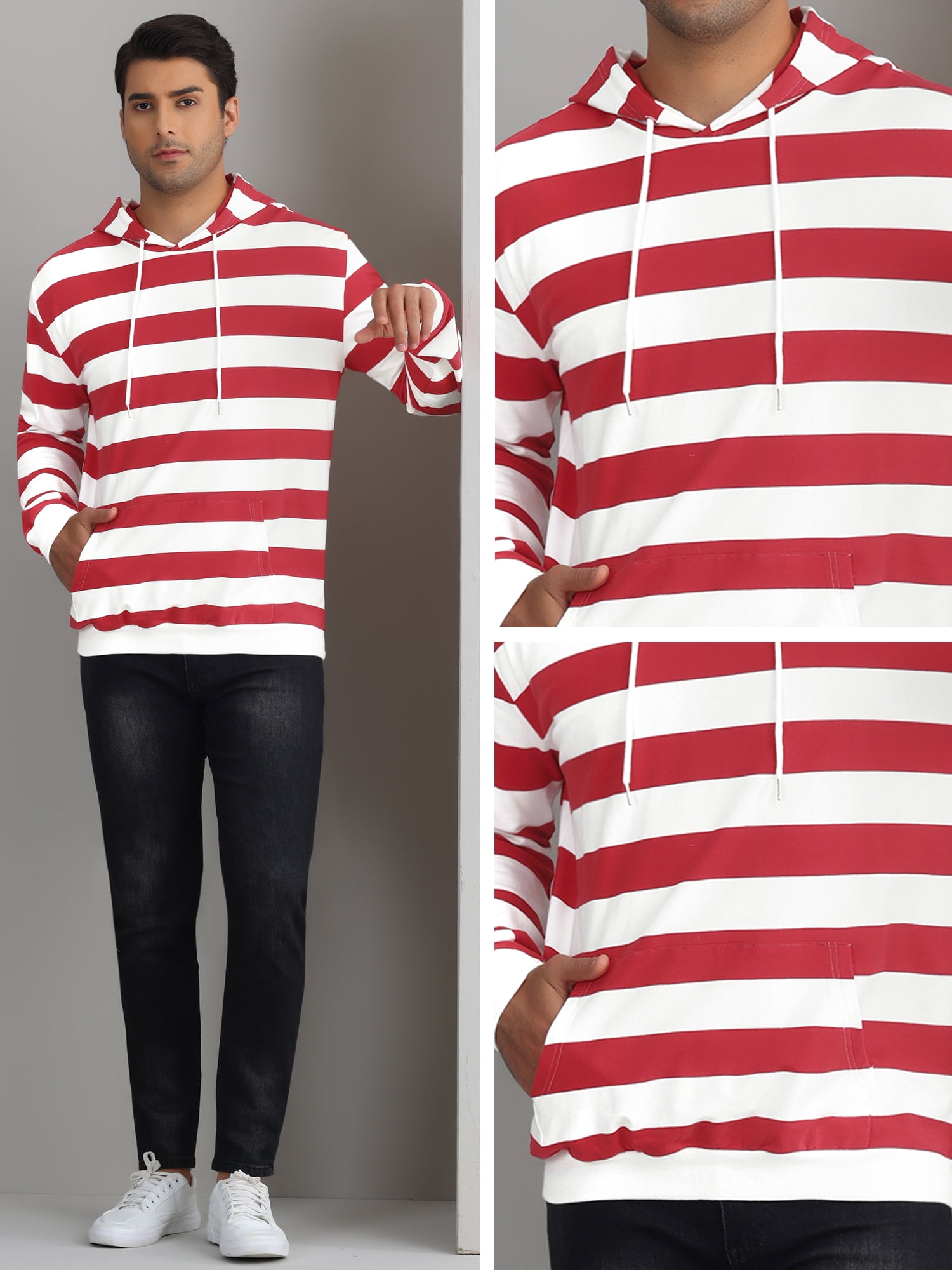 DARING DIVA Men's Striped Long Sleeves Drawstring Pullover Sweatshirts Hoodie M Red White