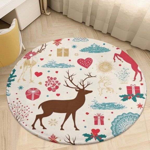 Christmas Reindeer And Hearts Pattern Round Area Rugs for Bedroom Living Room, 3FT Soft Indoor Circle Carpets, Carpet Home Decor Floor Mat