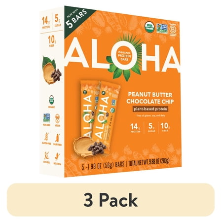 (3 pack) Aloha Peanut Butter Chocolate Chip, Protein Bars 5pk