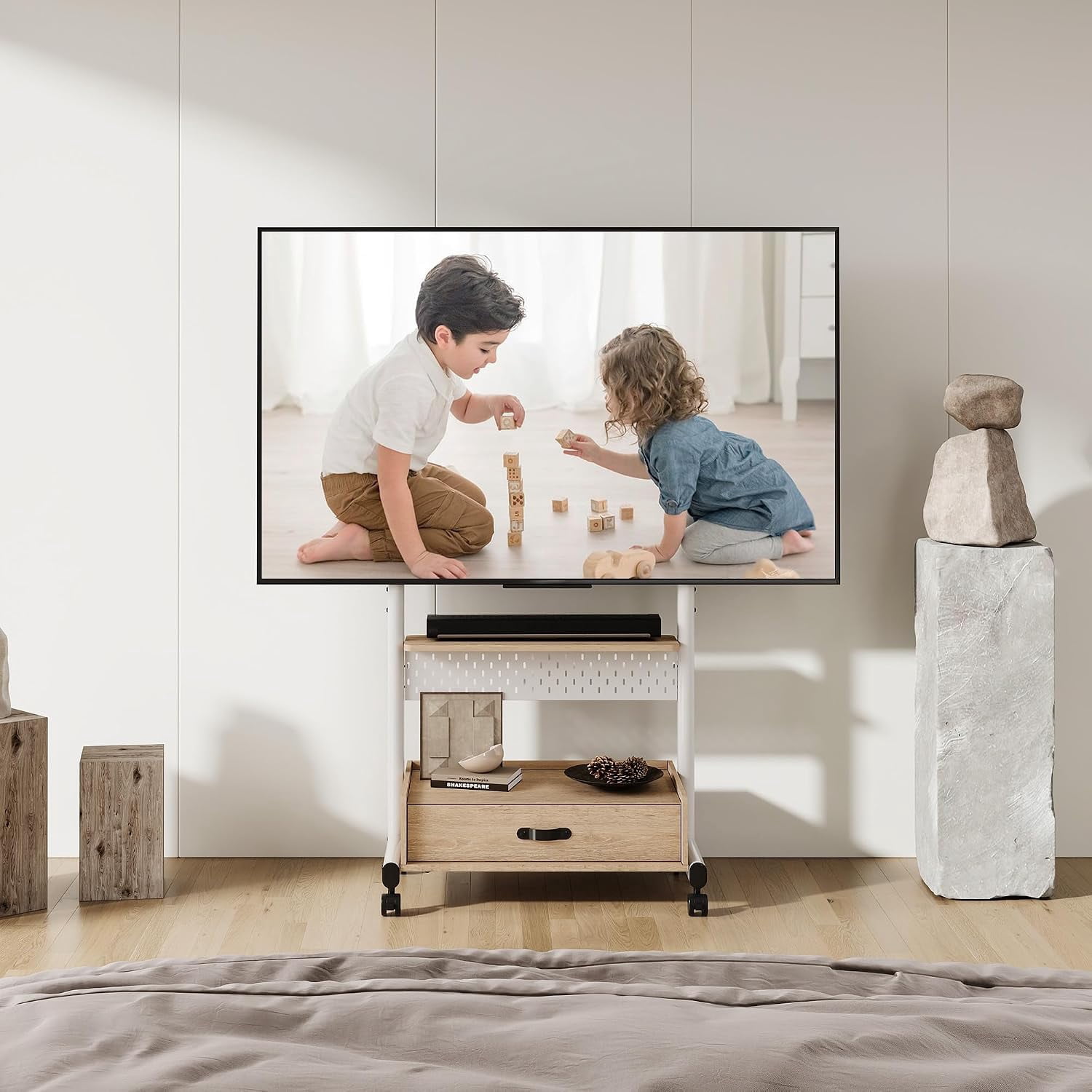 FITUEYES Rolling TV Stand for 40–85 Inch TVs, White, Drawers & Pegboard, Storage Shelf