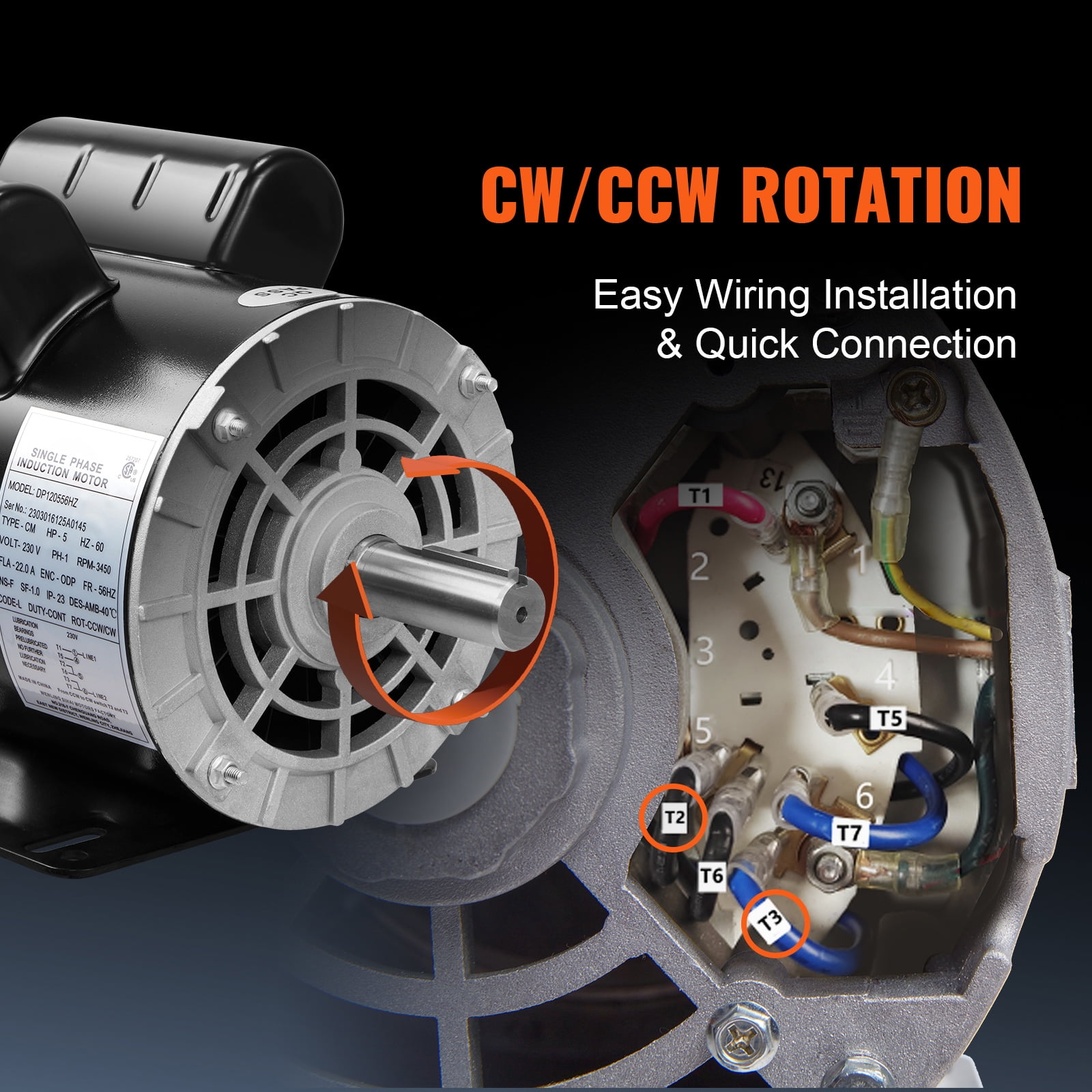 SKYSHALO 5HP Air Compressor Electric Motor, 230V 22 Amps, 56HZ Frame 3450RPM, 7/8" Keyed Shaft, CW/CCW Rotation, 2.25" Shaft Length for Air Compressors Has Obtained CSA Certification