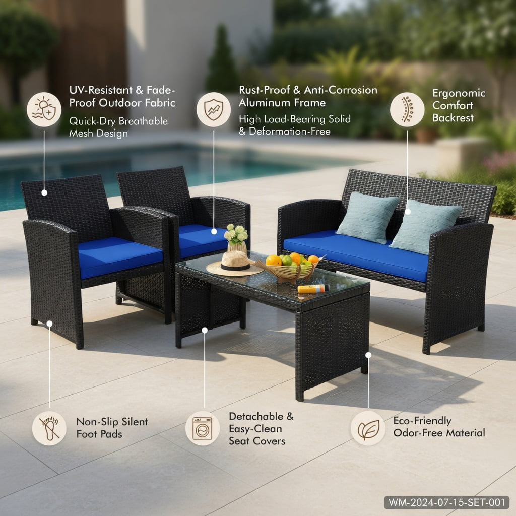 Hommoo 4-Piece PE Rattan Patio Furniture Set with Weatherproof Cushions, Tempered Glass Coffee Table & Heavy-Duty Steel Frame, Navy