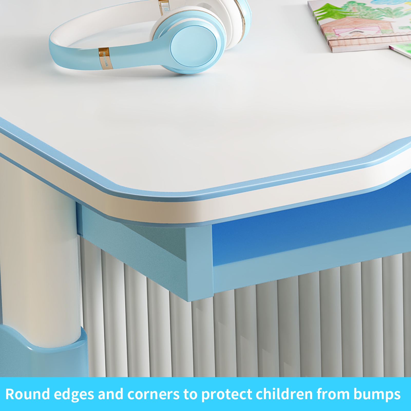AQMD Kids Study Desk Chair Set, Height Adjustable Toddlers Writing Table with Tiltable Reading Stand, Living Room Bedroom Children Learning Table with Extra Large Drawer,Blue