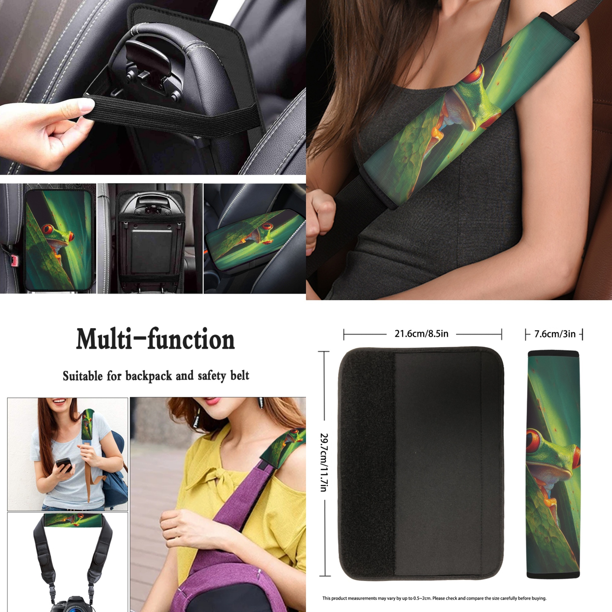 Jeiento Frog Car Seat Cover Full Set of 13 Steering Wheel Cover Seatbelt Pad Armrest Cover Cushion Green Leaves Coasters Key Chain for SUV Van Truck Truck Interior Automobile Accessory Sets