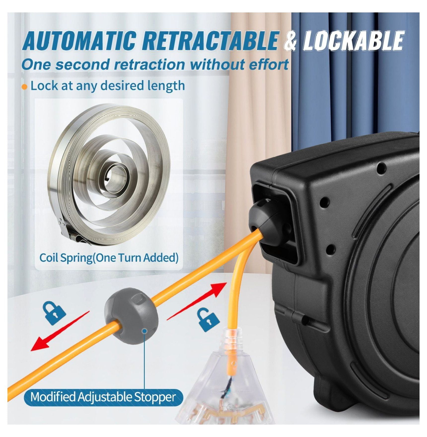 Retractable Extension Reel Heavy Duty 12AWG 45FT, SJTOW Power Cord Reel with Lighted Outlet & Swivel Bracket - Garage, Workshop, Construction