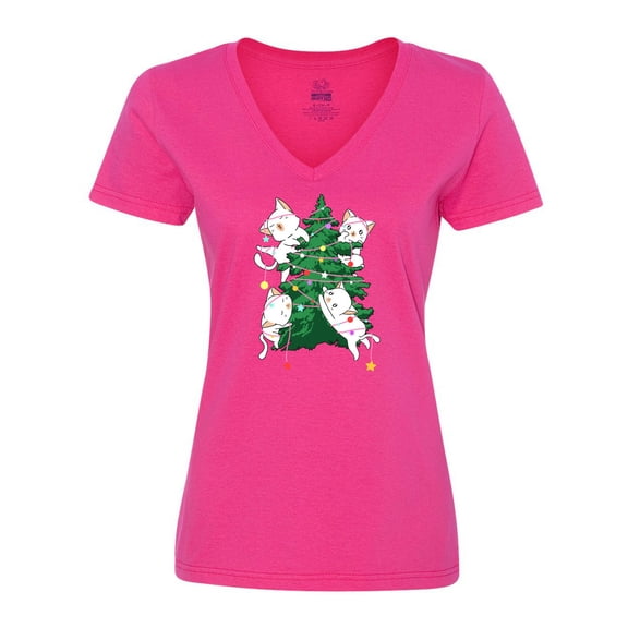 Inktastic Kawaii Cats Christmas Tree Women's V-Neck T-Shirt