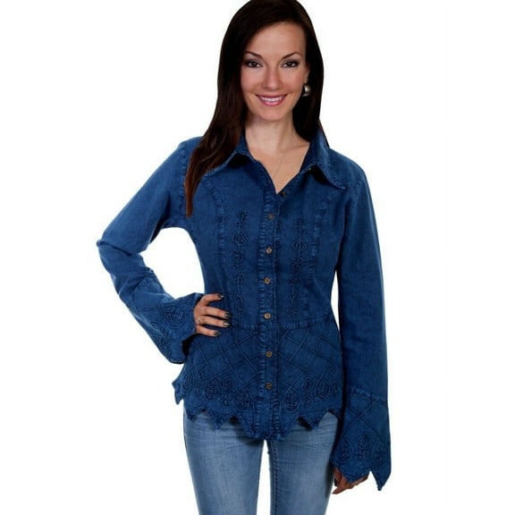 Scully Womens Dark Blue 100% Cotton Soutache L/S Blouse S