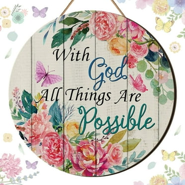 Spring Door Hanger Welcome Wreaths Sign with God all Things are Possible Wall Sign Inspirational Hanging Decorations Religious Faith Decor Summer Flower Butterfly for Front Door