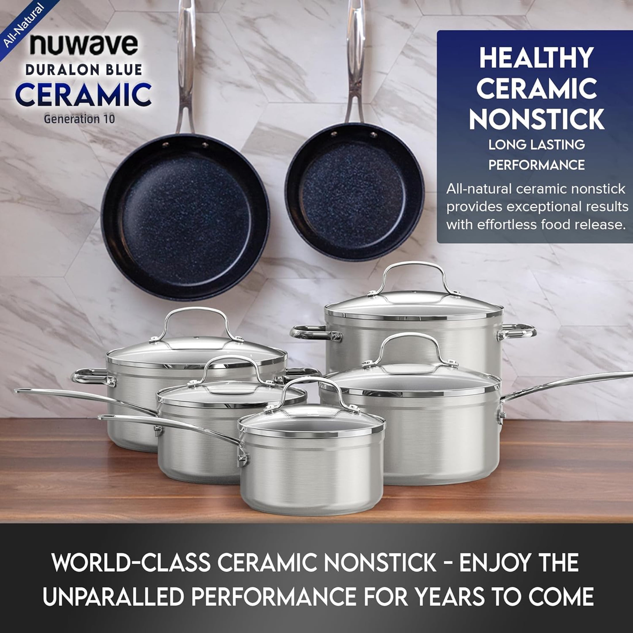 Nuwave 12pcs Non-Stick Cookware Set, Healthy Duralon Blue Ceramic Nonstick Pots and Pans Set , Lightweight Cookware Set works on All Cooktops, Tempered Glass Lids & Stay-Cool Handles, Metallic Tinsel