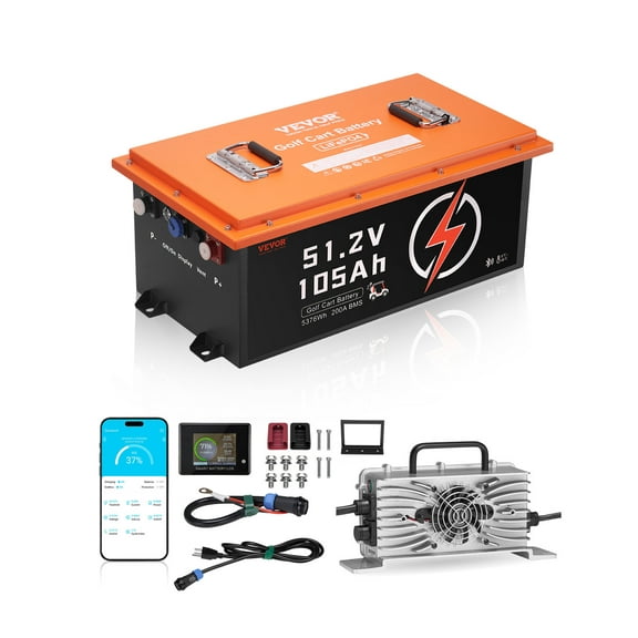 VEVOR 48V 105Ah Golf Cart Lithium Battery, 48 Volt Golf Cart Battery with 200A BMS, Touch Monitor and Mobile APP, LiFePO4 Battery with 600A Peak Current, 20A Charger and 4000  Cycles, for Golf Carts