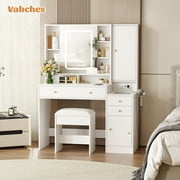 Vabches Vanity Set with Sliding Mirror and Lights Makeup Table with 3 Drawers & 2 Cabinets & 5 Shelves, White