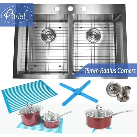33 Inch Drop In Topmount Stainless Steel Kitchen Sink Package by Ariel â 16 Gauge 50/50 Equal Double Bowl Basin w/ 9 Gauge Deck - Complete Sink Pack + Bonus Accessories - Ideal For Home Renovation